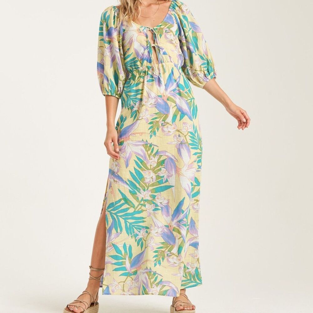 Billabong Today’s Wish Maxi Dress 100% Cotton Floral Tropical Beachy Coastal Med